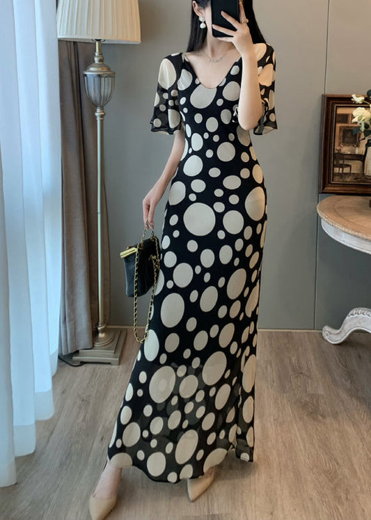 Robe de vacances vintage en mousseline de soie à imprimé noir pour l'été - Amawinc