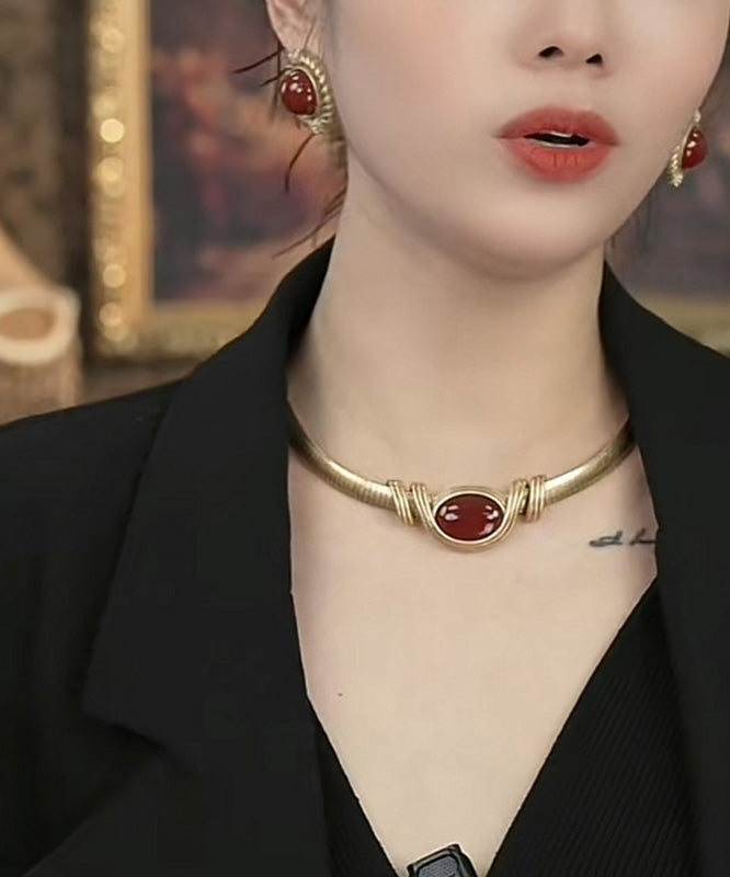 Collier ras du cou vintage en argent sterling noir et agate surdorée - Amawinc