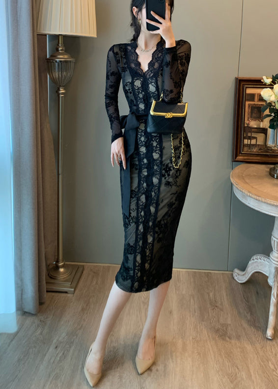 Robe tunique noire vintage en dentelle portefeuille pour l'été - Amawinc
