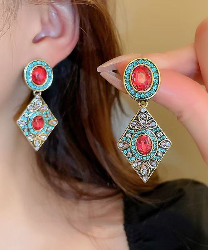 Boucles d'oreilles pendantes vintage en alliage bleu et cristal de zircon en forme de diamant - Amawinc