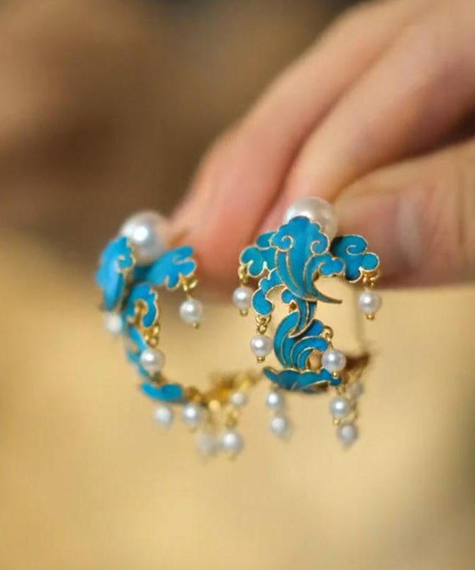 Boucles d'oreilles créoles vintage en argent sterling bleu avec perles et émail cloisonné - Amawinc