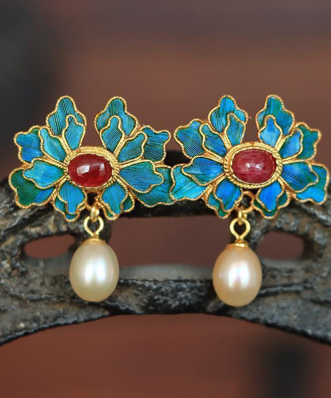 Boucles d'oreilles pendantes en argent sterling et agate cloisonnée avec perles bleues vintage - Amawinc