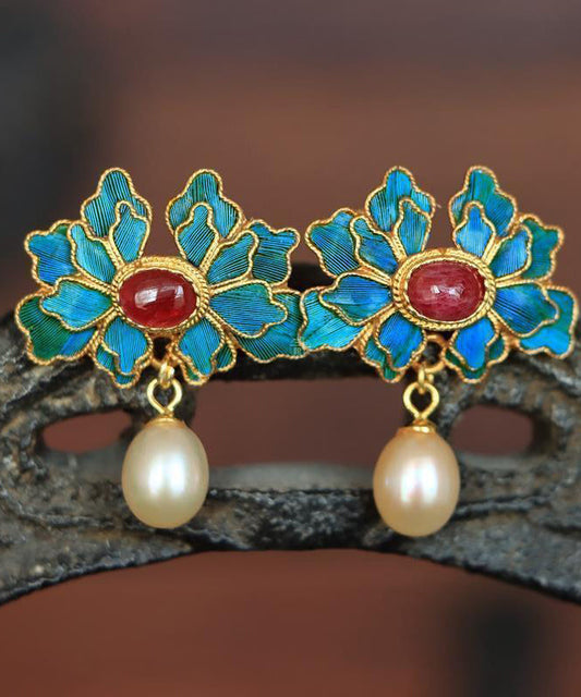 Boucles d'oreilles pendantes en argent sterling et agate cloisonnée avec perles bleues vintage - Amawinc