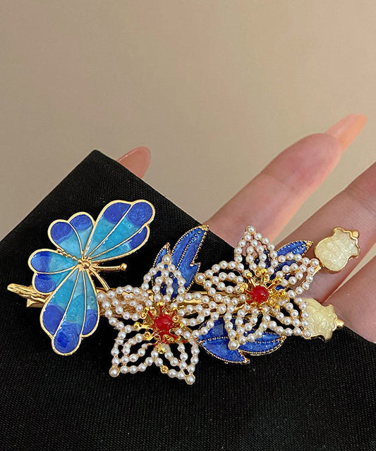 Épingle à cheveux florale cloisonnée en argent sterling bleu vintage avec perles dorées - Amawinc