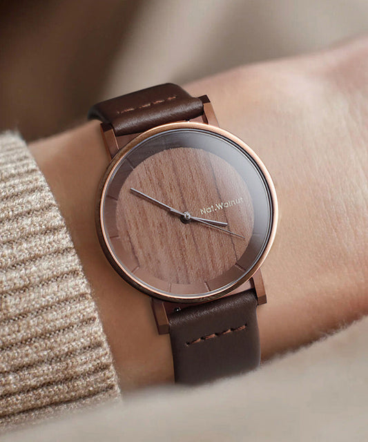Montre vintage à quartz en cuir véritable marron avec incrustations de bois - Amawinc
