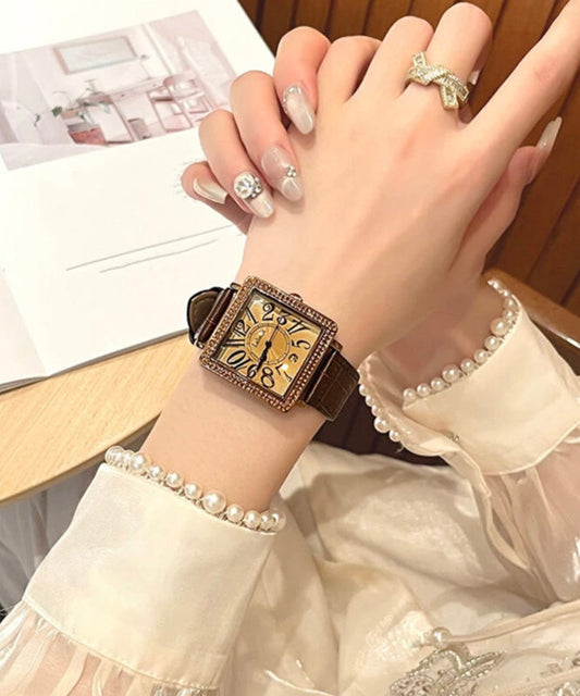 Montre vintage en cuir et verre trempé avec mouvement à quartz et zircon - Amawinc