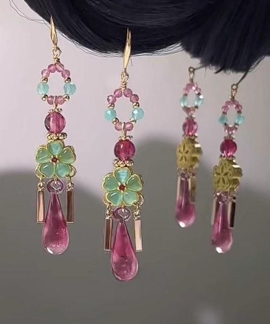Boucles d'oreilles pendantes à pampilles florales en cuivre colorblock vintage - Amawinc