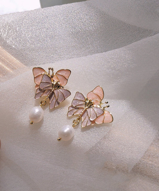 Boucles d'oreilles pendantes papillon vintage en argent sterling doré à blocs de couleurs et perles - Amawinc