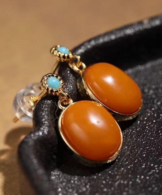 Boucles d'oreilles pendantes vintage en argent sterling coloré, surmontées de turquoise et de cire d'abeille dorée - Amawinc