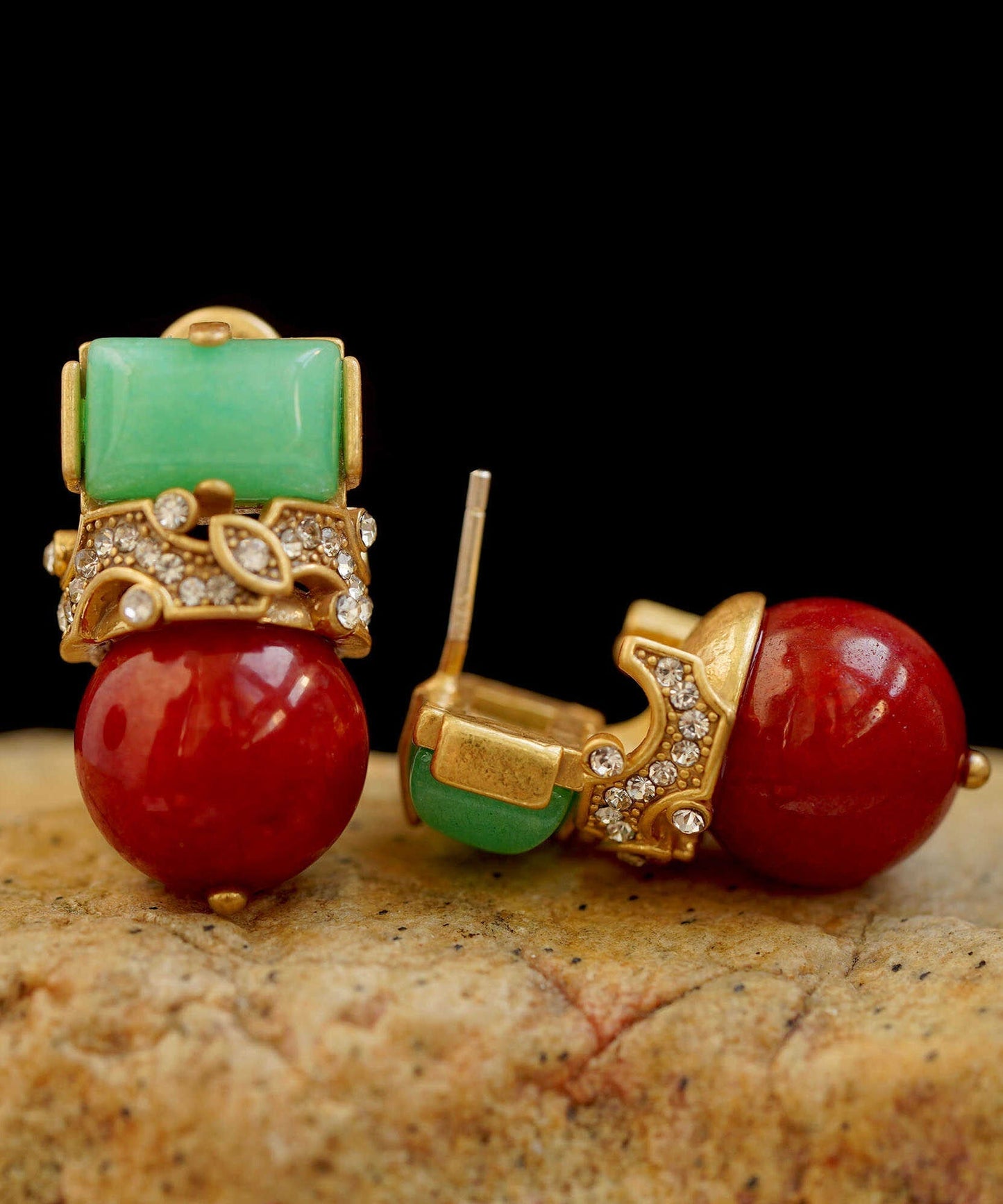 Boucles d'oreilles à tige vintage en argent sterling avec zircone et agate de jade - Amawinc