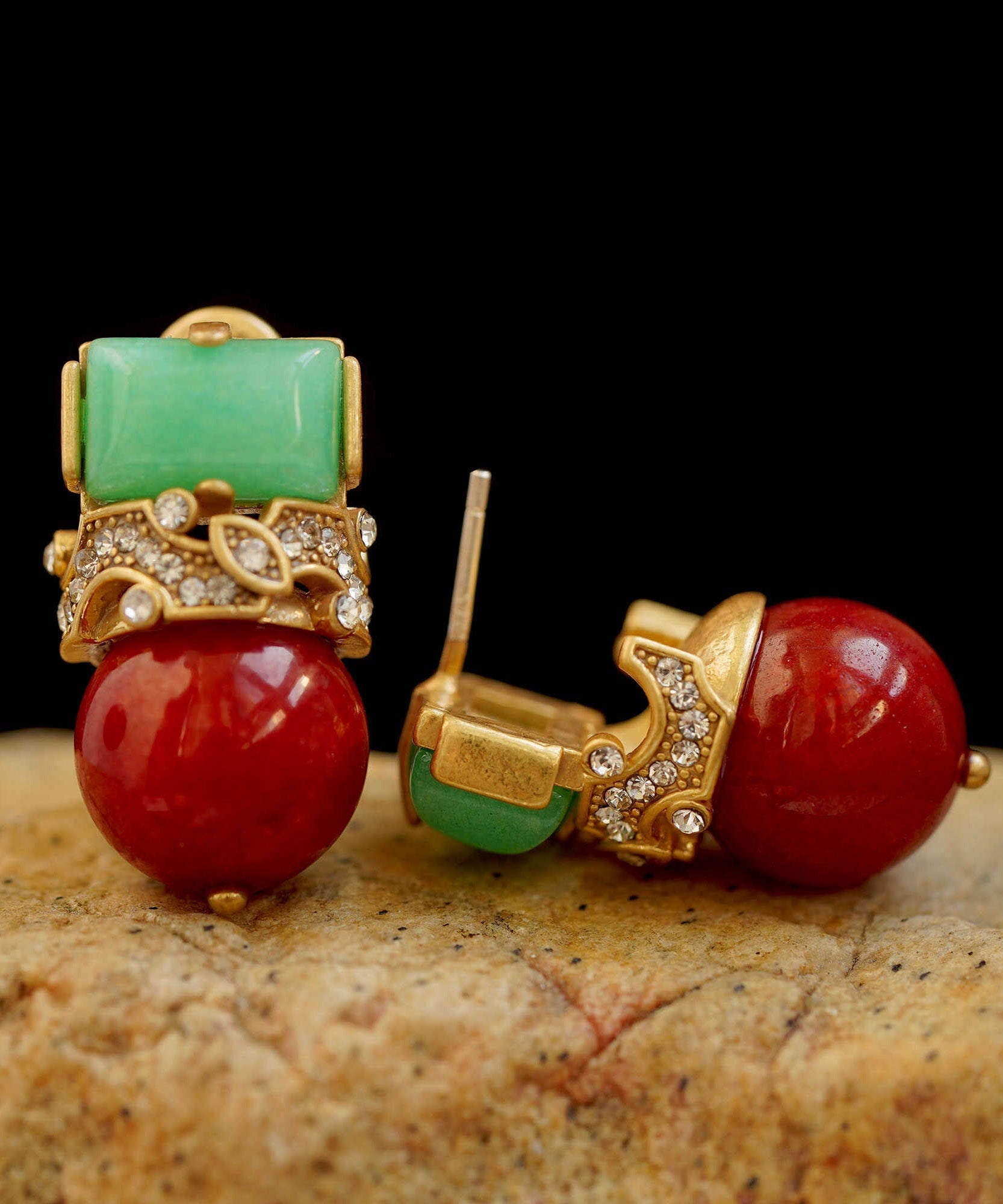 Boucles d'oreilles à tige vintage en argent sterling avec zircone et agate de jade - Amawinc