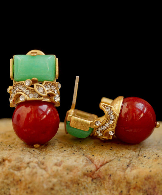 Boucles d'oreilles à tige vintage en argent sterling avec zircone et agate de jade - Amawinc