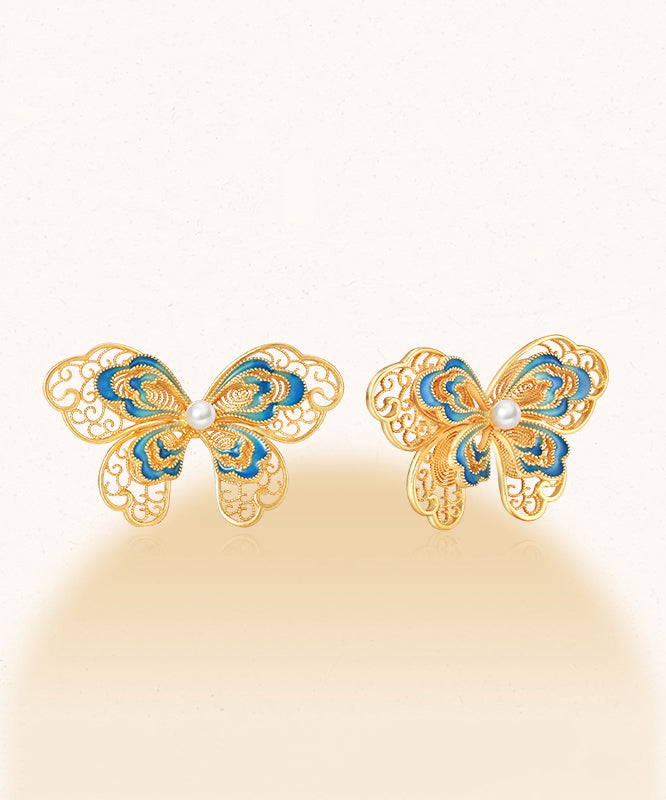 Boucles d'oreilles à tige vintage en argent sterling doré avec perles et papillon ajourées - Amawinc