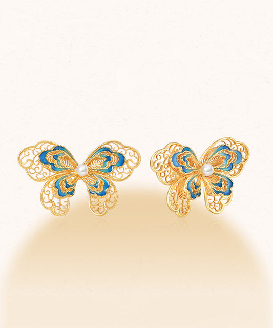 Boucles d'oreilles à tige vintage en argent sterling doré avec perles et papillon ajourées - Amawinc