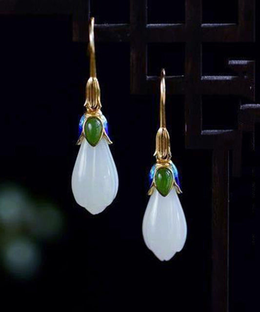 Boucles d'oreilles à tige vintage en argent sterling doré et jade cloisonné avec orchidée - Amawinc