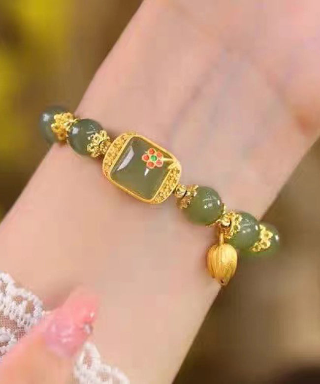 Bracelet à breloques vintage en argent sterling vert et jade surdoré avec lotus - Amawinc