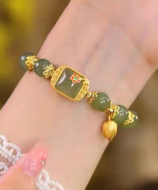 Bracelet à breloques vintage en argent sterling vert et jade surdoré avec lotus - Amawinc