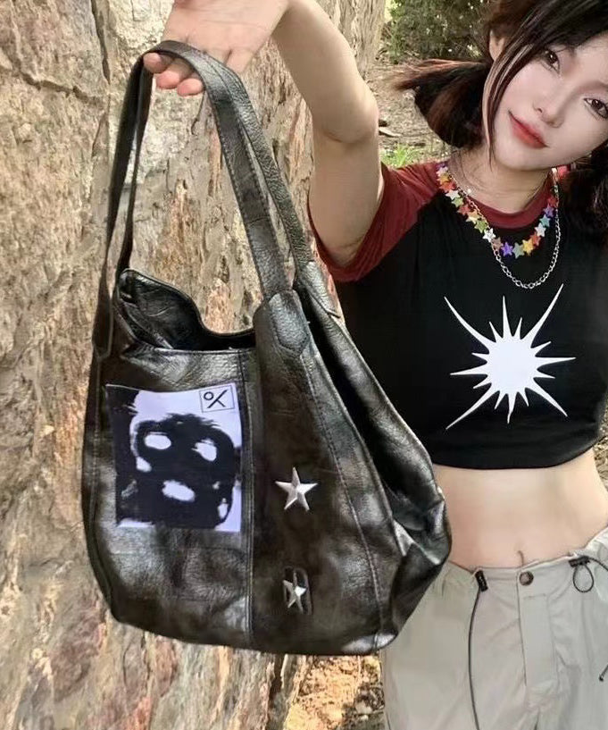Sacs à bandoulière vintage en similicuir gris avec chaîne et appliqués - Amawinc