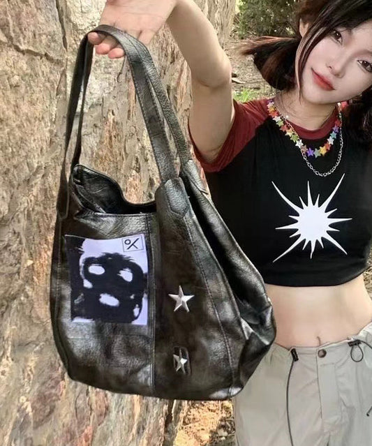 Sacs à bandoulière vintage en similicuir gris avec chaîne et appliqués - Amawinc