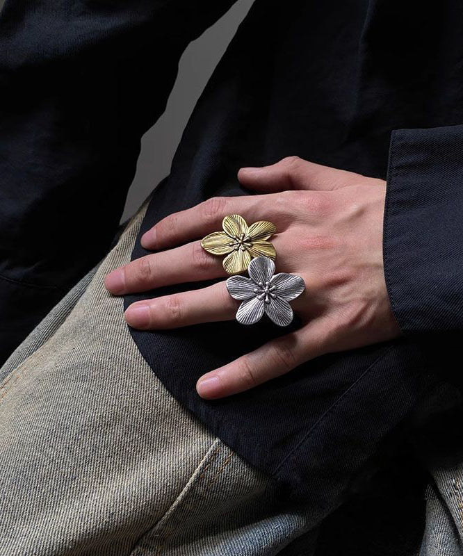 Ensemble de deux bagues ouvertes vintage en métal à motif floral - Amawinc