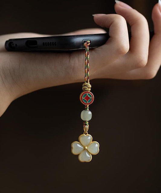 Chaînes de téléphone vintage en argent sterling multicolore incrustées de jade, motif trèfle à quatre feuilles - Amawinc