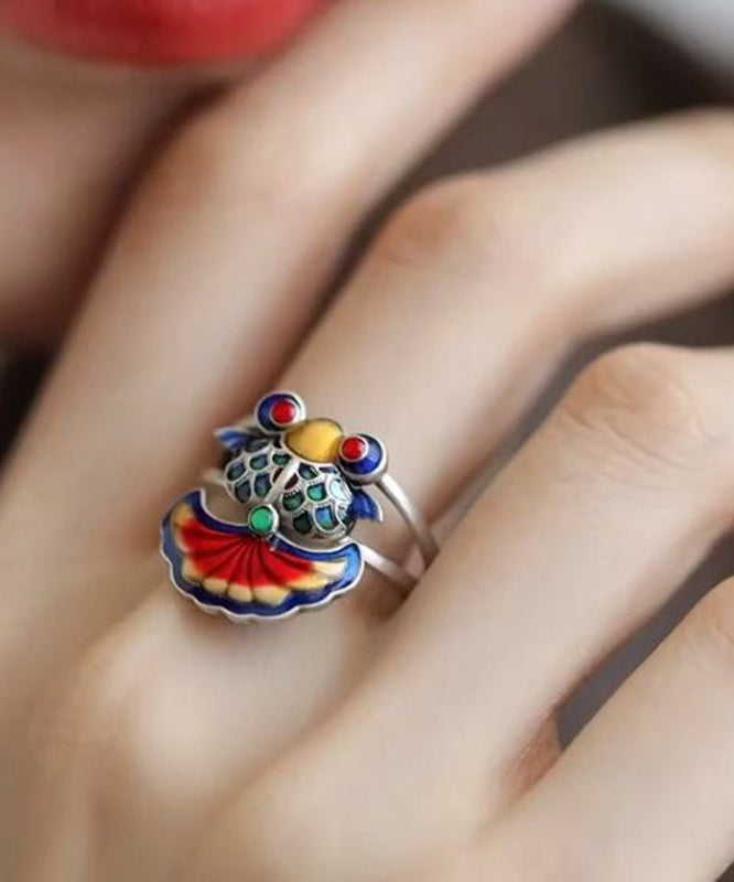 Bagues vintage en argent sterling avec motif carpe brodée et émaillée arc-en-ciel - Amawinc