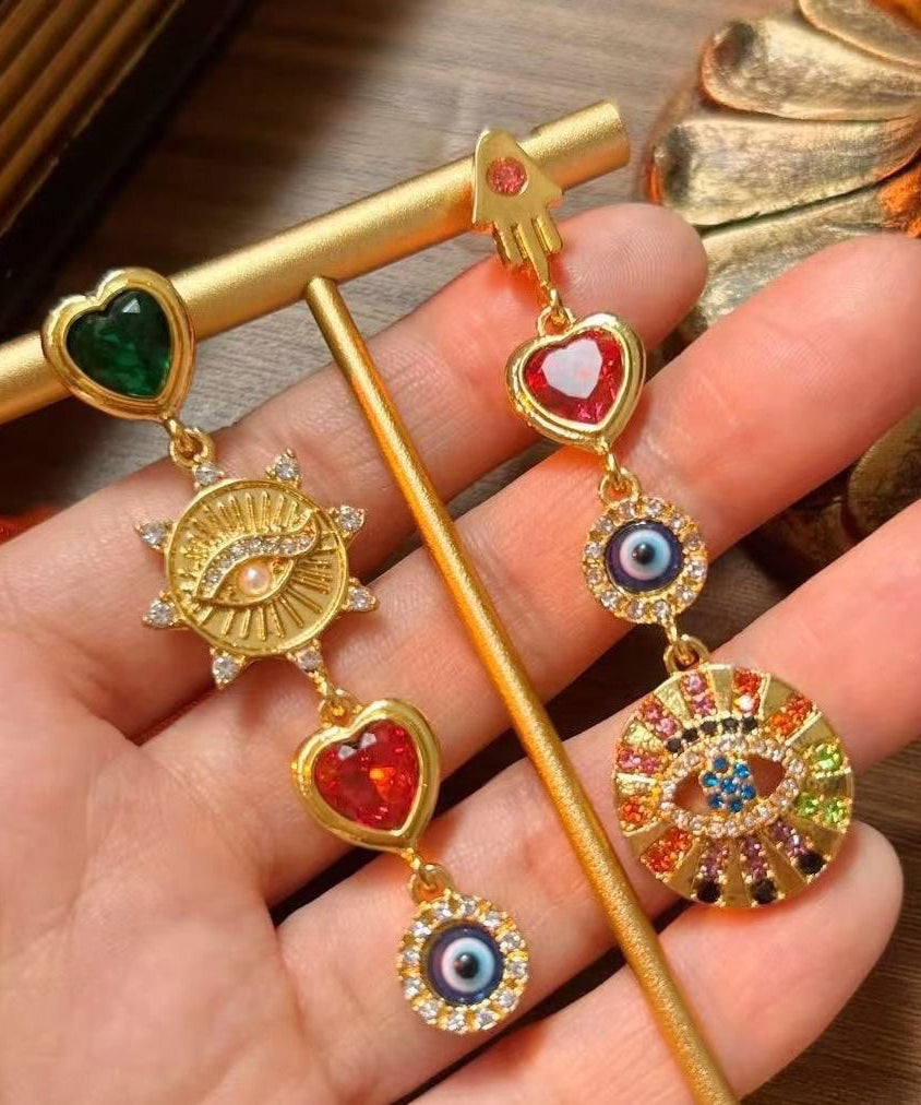 Boucles d'oreilles pendantes asymétriques en argent sterling arc-en-ciel avec zircons surdorés et émail émaillé - Amawinc