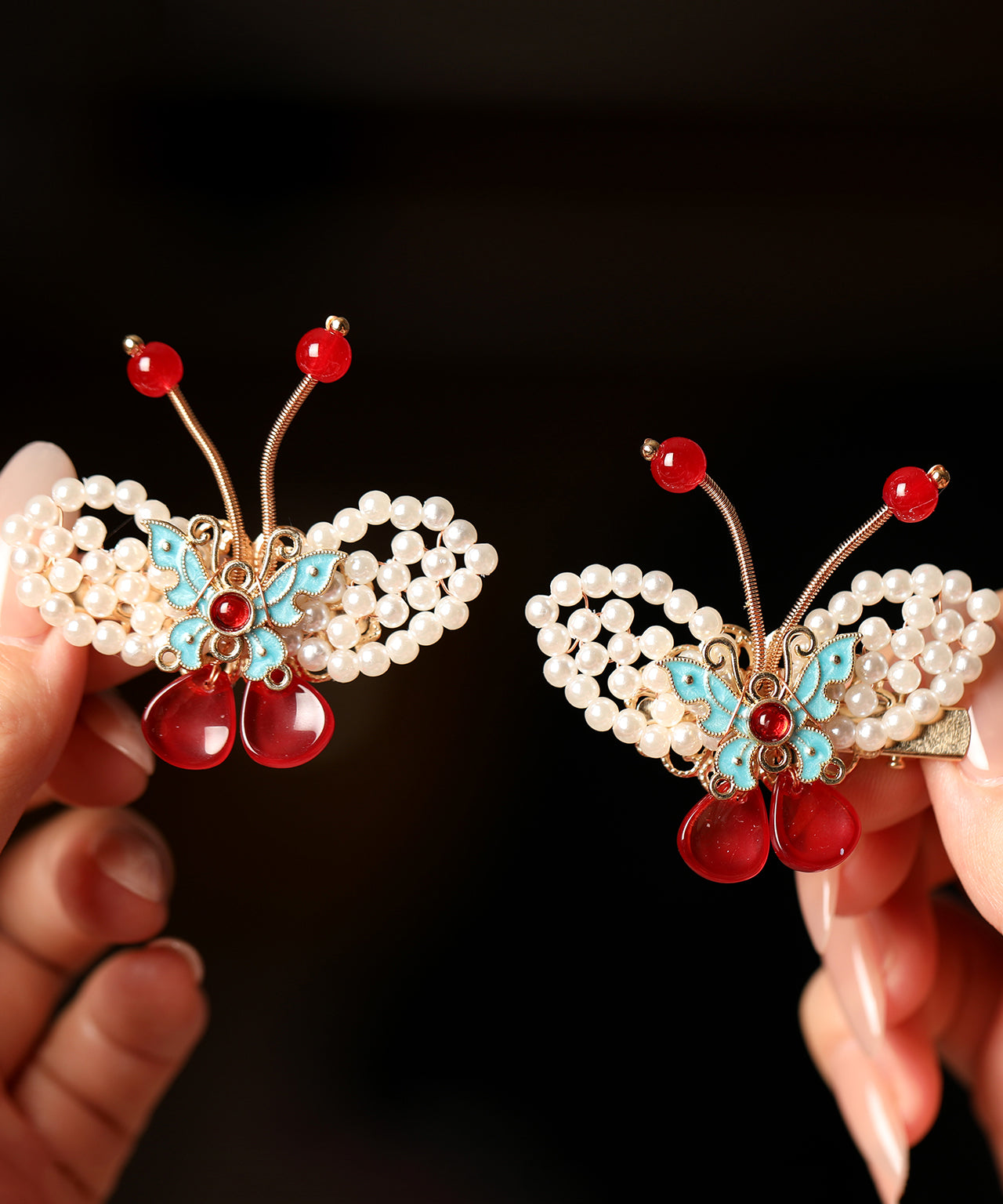 Paire d'épingles à cheveux papillon vintage en alliage rouge nacré pour enfants - Amawinc