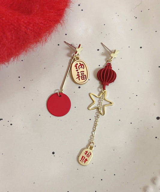 Boucles d'oreilles pendantes asymétriques vintage en alliage d'argent sterling rouge, motif lanterne étoilée - Amawinc