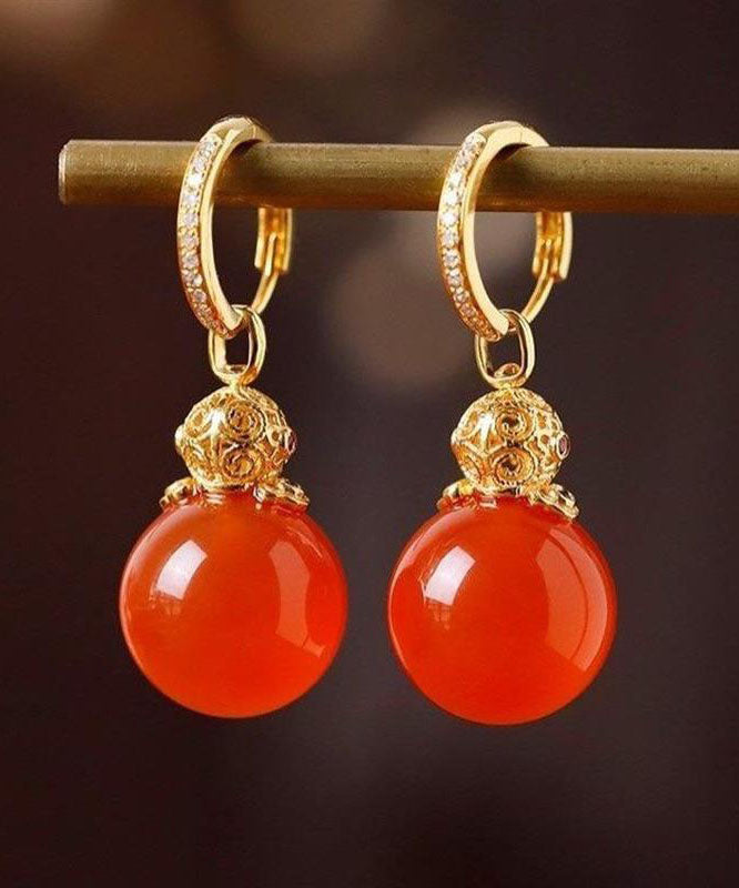 Boucles d'oreilles pendantes vintage en argent sterling rouge doré, incrustées de zircon et d'agate - Amawinc