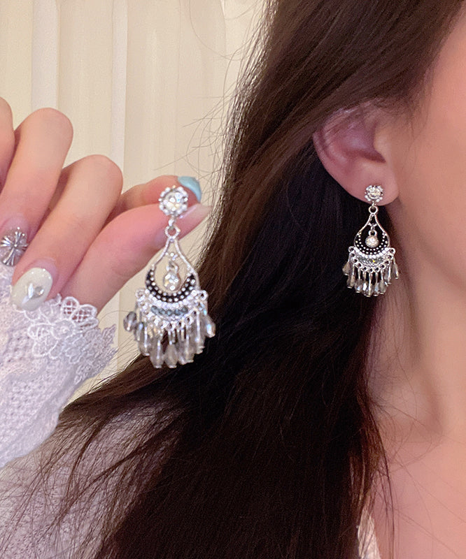 Boucles d'oreilles pendantes vintage en alliage de soie et cristal de zircon avec pompon et carillon éolien - Amawinc