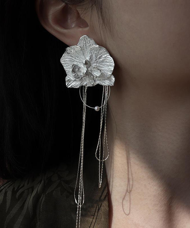 Boucles d'oreilles pendantes vintage en alliage de soie avec pompon et orchidée papillon - Amawinc