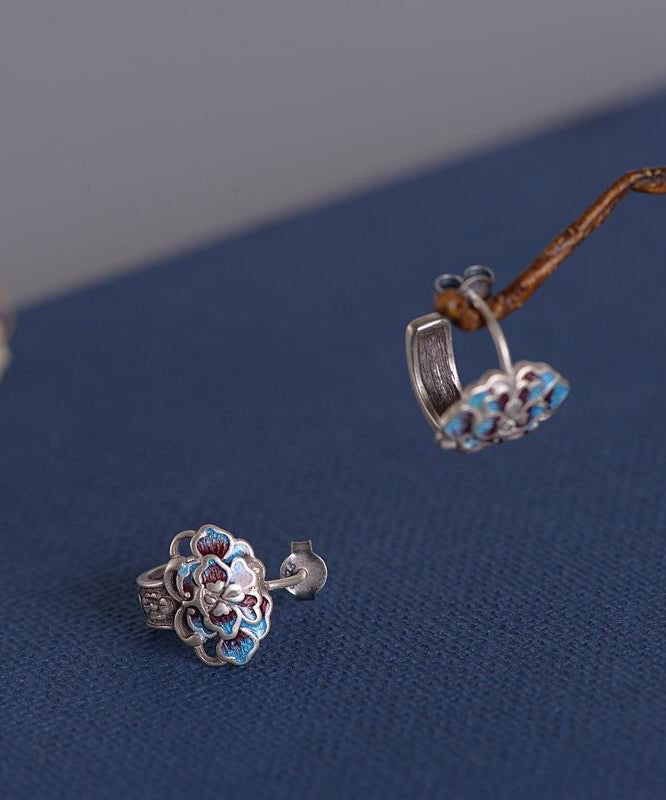 Boucles d'oreilles à tige en argent sterling et soie vintage avec fleur de pivoine cloisonnée - Amawinc