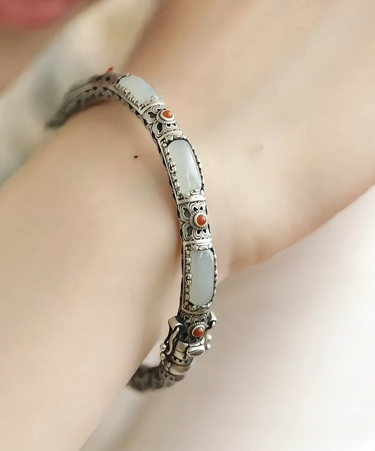 Bracelet jonc vintage en soie, argent sterling, jade et agate ajourée - Amawinc