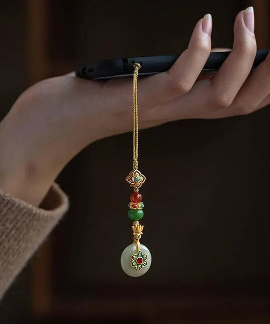 Chaînes de téléphone vintage en argent doré jaune, jade et turquoise, avec lotus et trèfle à quatre feuilles - Amawinc