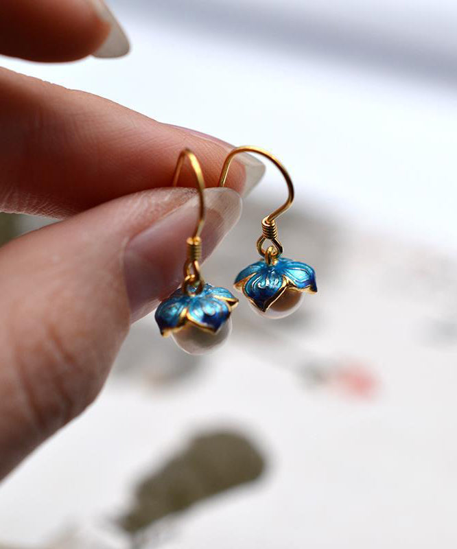Boucles d'oreilles pendantes vintage en argent sterling jaune surdoré avec perles et émail cloisonné - Amawinc