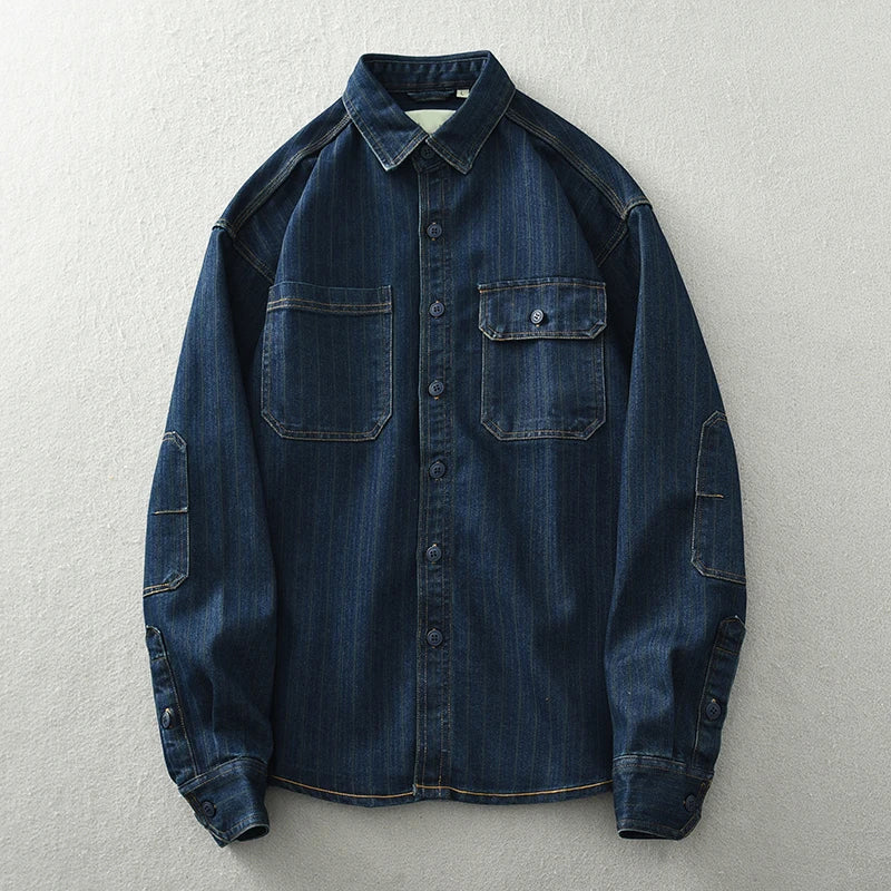 Chemise Denim Vintage À Rayures Verticales Par Roberto Russo En 100 Pour Cent Coton Avec Poches Poitrine Et Col Revers