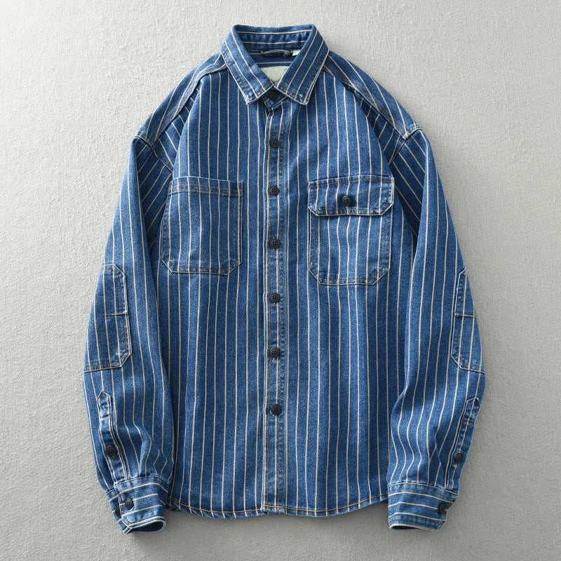Chemise Denim Vintage À Rayures Verticales Par Roberto Russo En 100 Pour Cent Coton Avec Poches Poitrine Et Col Revers