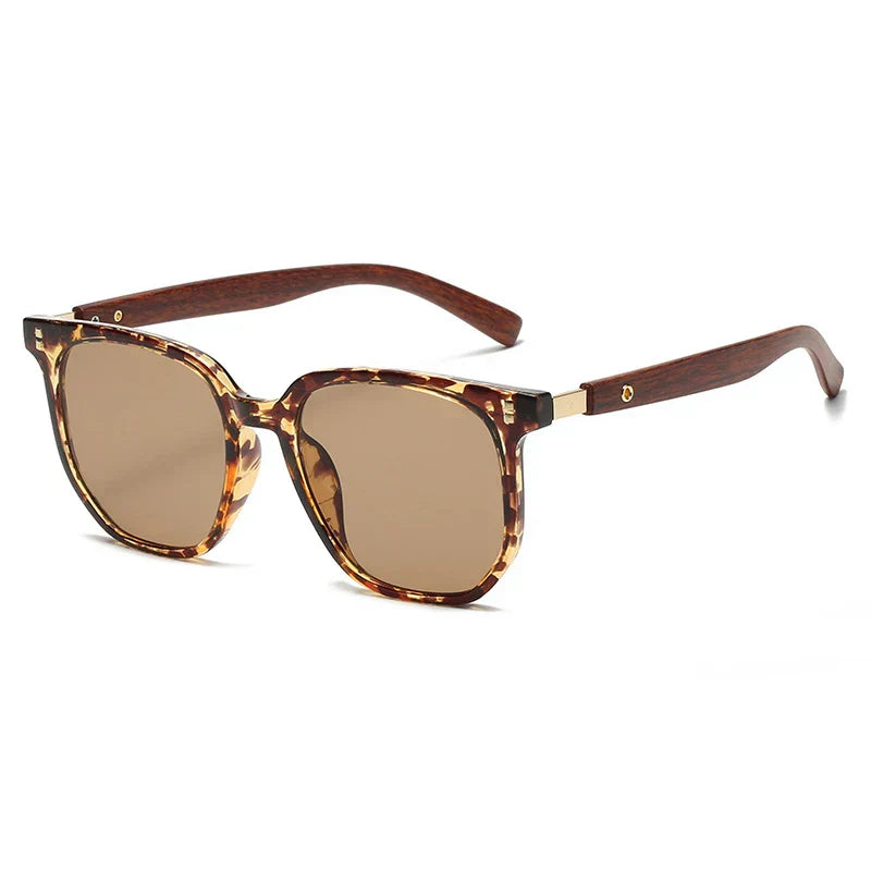 Lunettes de Soleil Vintage Oversize Motif Bois Grain Lentilles Léopard Été Intemporel