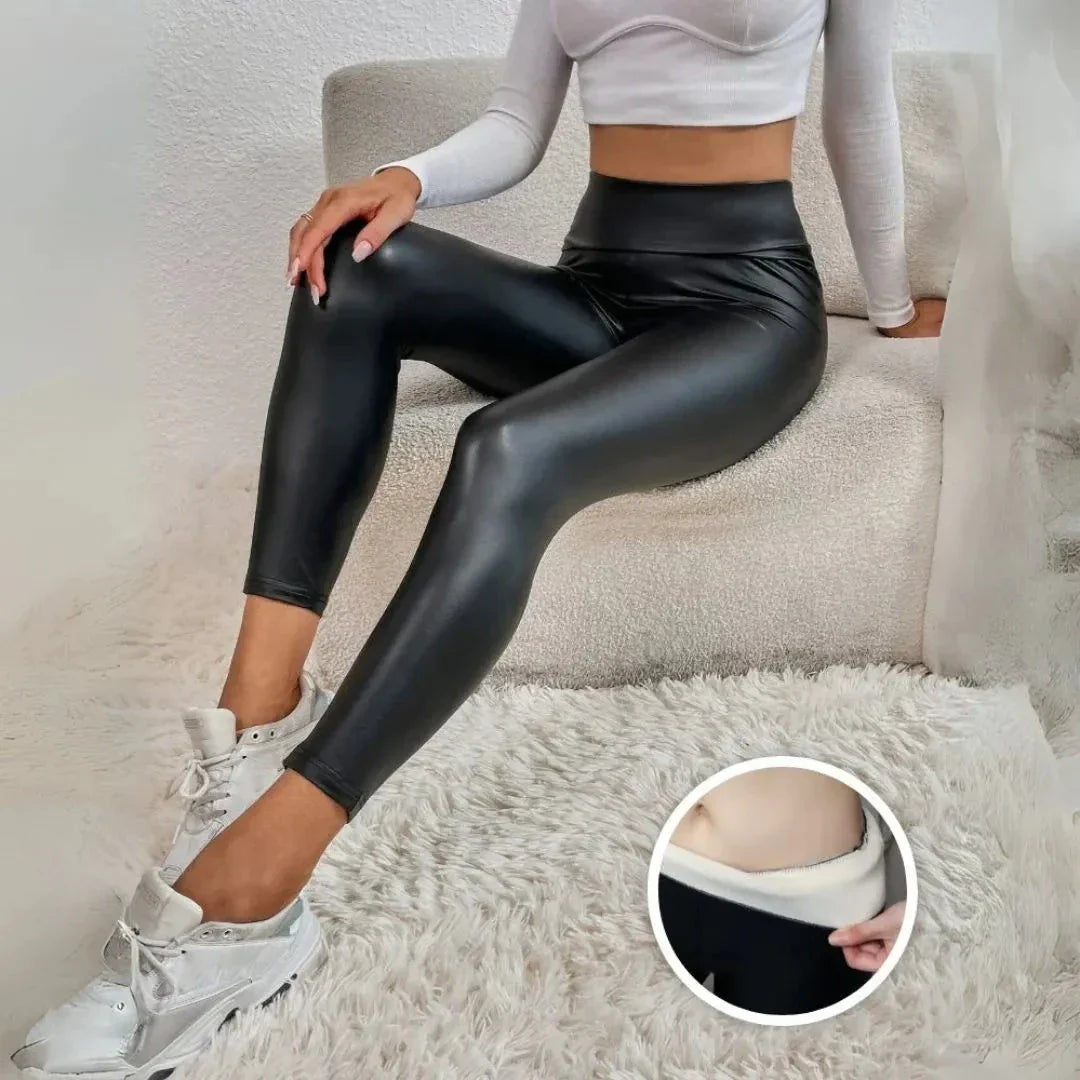 Leggings En Faux Cuir Violet Doublés Polaire Taille Haute Pour Femmes Chic Et Chauds