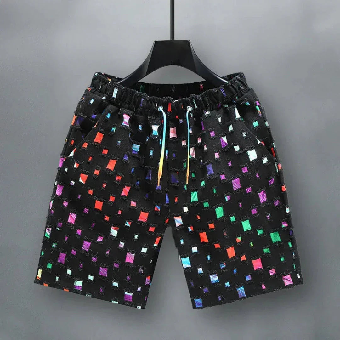 Waylynn Vito Shorts Denim Réfléchissant Grille Motif Carré Multicolore Pour Homme À Taille Elastique