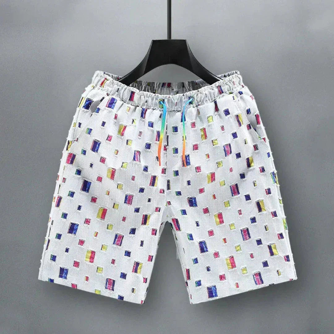 Waylynn Vito Shorts Denim Réfléchissant Grille Motif Carré Multicolore Pour Homme À Taille Elastique