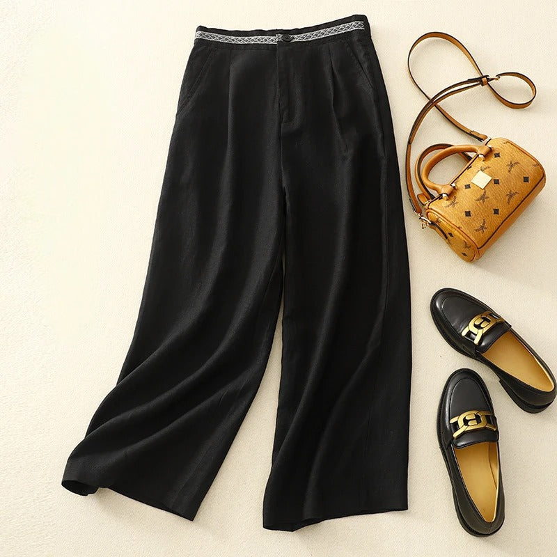Vivienne Luxe Pantalon Ample En Lin Mélangé À Jambe Large Avec Ceinture Tissée Pour Élégance Décontractée