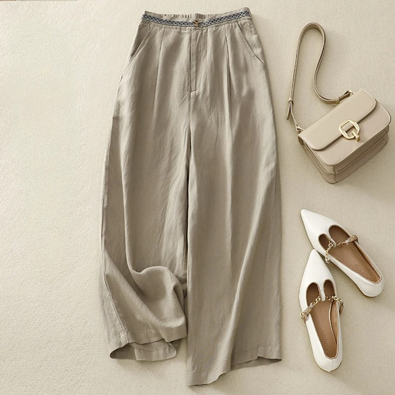 Vivienne Luxe Pantalon Ample En Lin Mélangé À Jambe Large Avec Ceinture Tissée Pour Élégance Décontractée
