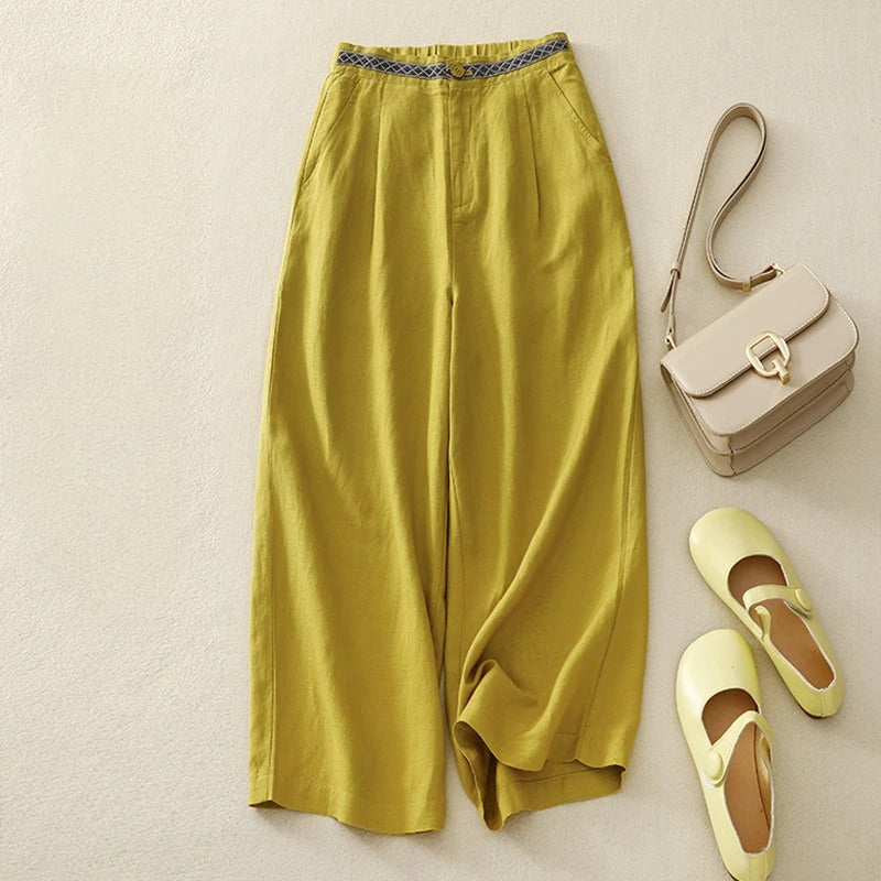 Vivienne Luxe Pantalon Ample En Lin Mélangé À Jambe Large Avec Ceinture Tissée Pour Élégance Décontractée