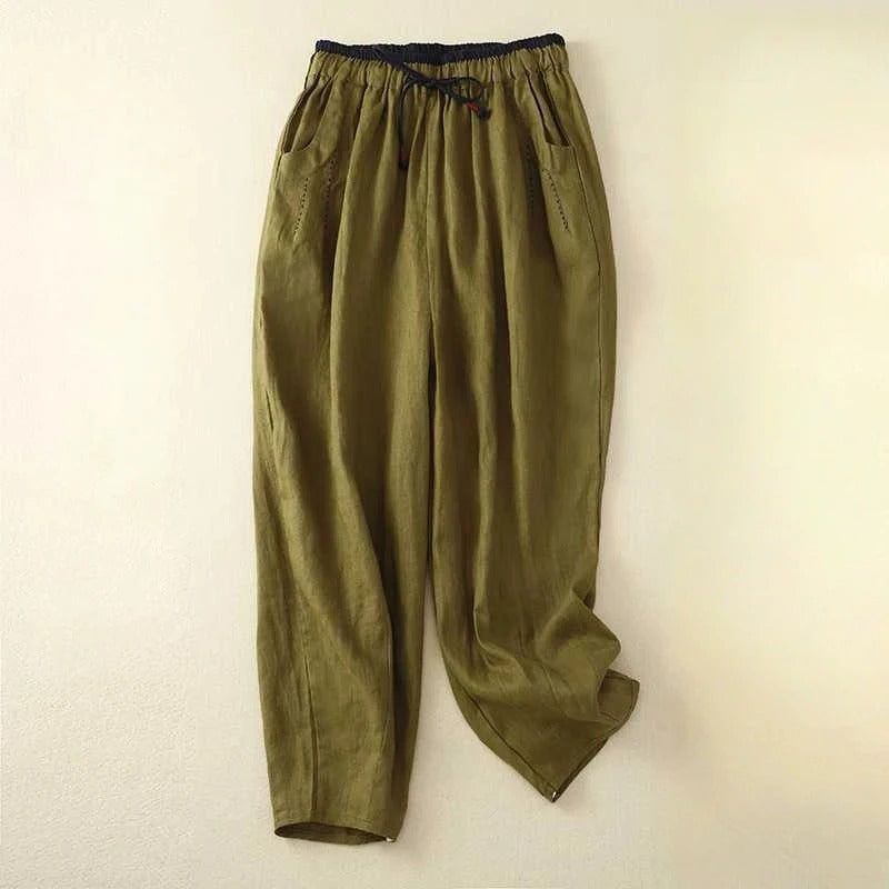 Pantalon En Lin Vivo Avec Ceinture Contrastée Et Silhouette Décontractée Moderne Confortable