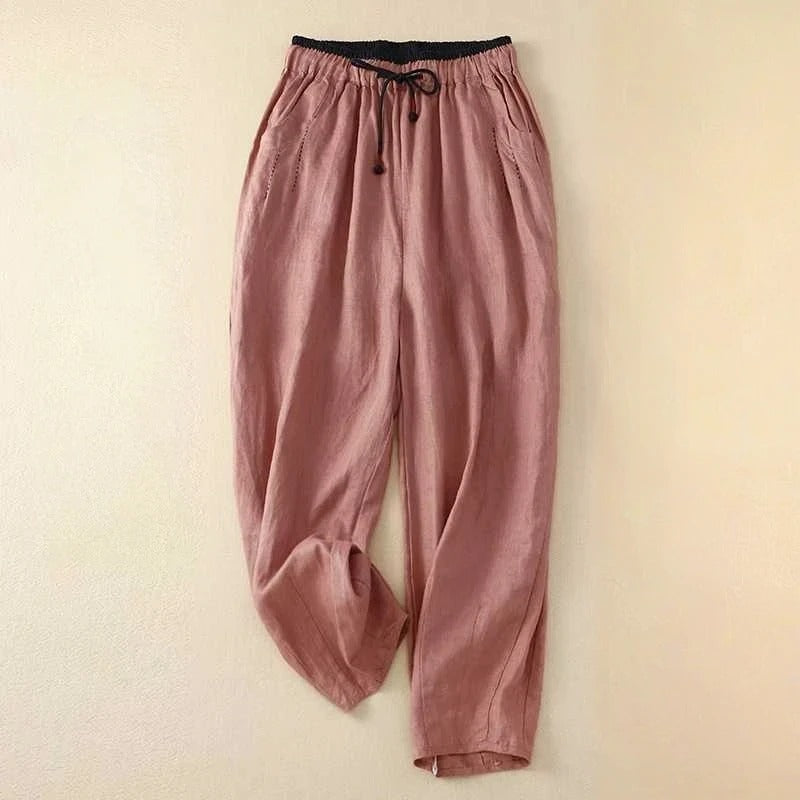 Pantalon En Lin Vivo Avec Ceinture Contrastée Et Silhouette Décontractée Moderne Confortable