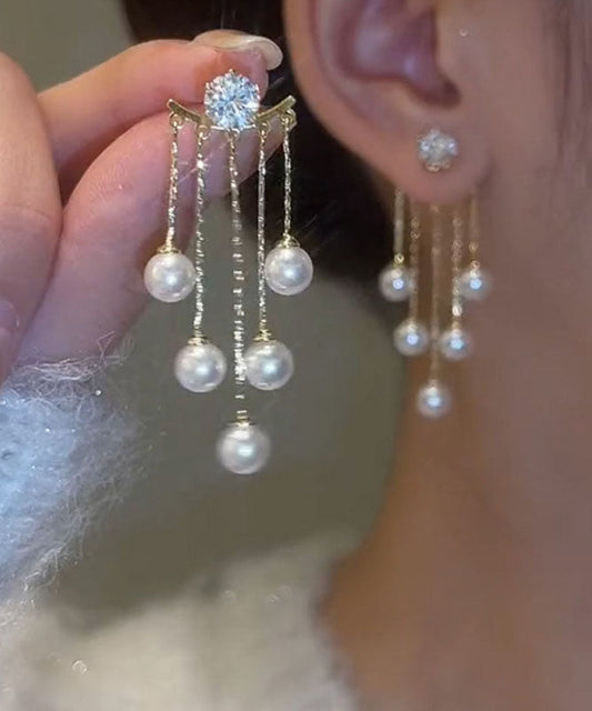 Boucles d'oreilles pendantes à pampilles et perles en alliage de cuivre doré Vogue - Amawinc