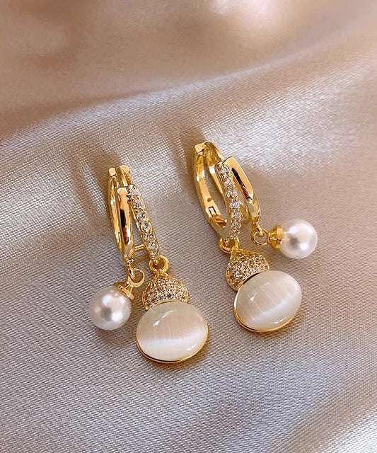 Boucles d'oreilles pendantes Vogue en alliage de cuivre doré et zircon œil de chat avec perle et gourde - Amawinc