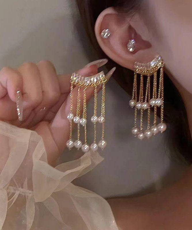Boucles d'oreilles pendantes à pampilles en alliage de cuivre doré et zircon avec perles - Amawinc